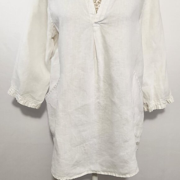 Cynthia Rowley Women's Size M White Linen 3/4 Sleeve Ruffle V-Neck Pockets Top - Picture 3 of 15